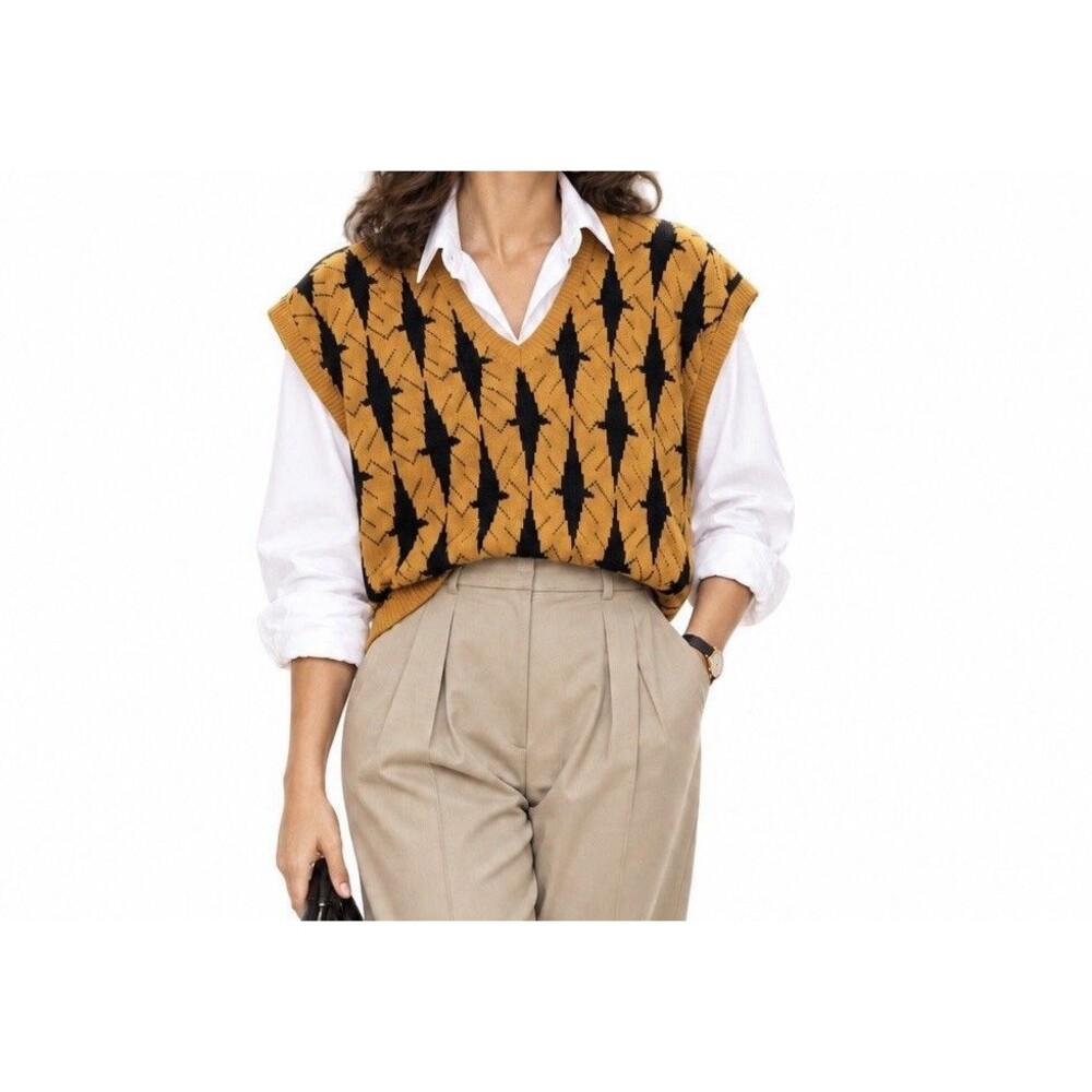 Vintage Gitano Women Made in Italy Knit Sweater Vest Yellow Black Diamond 42 S